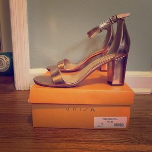 Rose gold metallic strappy heels